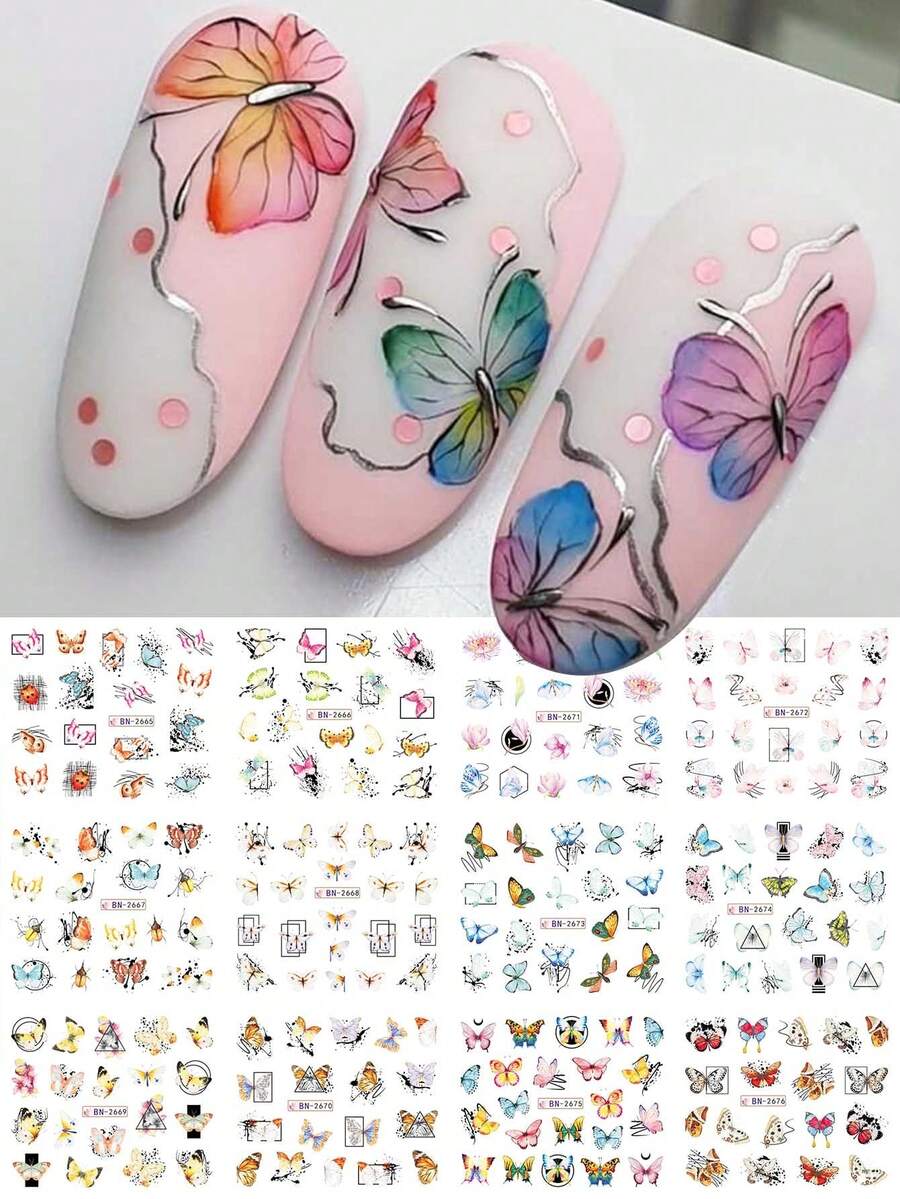 12款春季水彩蝴蝶美甲水贴纸瓢虫昆虫方形美甲贴花水转印贴纸DIY美甲饰品美甲贴片装饰美甲用品（无粘性） - 彩色 - 查看 1