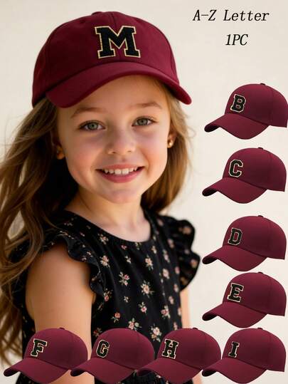 女童酒红色A-Z字母棒球帽 - 可调节透气帽，适合户外玩耍、公园和日常时尚穿着