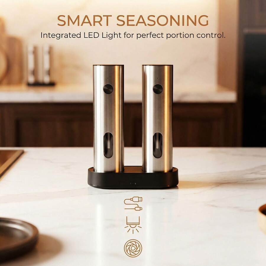 Rechargeable Pepper Grinder Set Electric Salt Shakers With Dual Charging Base, Upgraded Stainless Steel, Adjustable Coarseness & LED Light - Silver - View 1