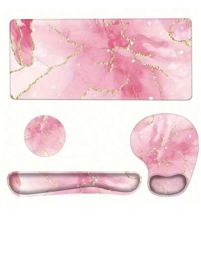 A Set 4pcs Large Ergonomic XXL Marble Desk Mat Set - Extended Gaming Mouse Pad, Keyboard Wrist Rest Support, Coaster - Non-Slip Base, Stitched Edge - Easy Typing, Pain Relief - (35.4*15.7 In) - For Office, Home, Computer, Laptop