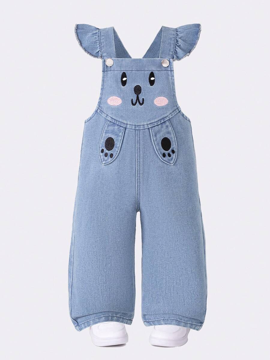 Baby Girls' Cartoon Rabbit Embroidery Denim Overalls, Ruffle Trim Shoulder, Washed Casual Jean Pants, Toddler Cute Summer Outfit - Blue - View 1