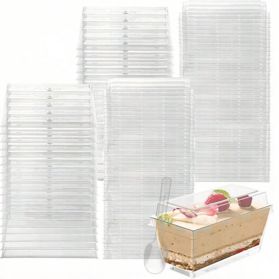 Bộ 25/50/100 chiếc/gói, cốc nhựa đựng tráng miệng 150ml (5oz) kèm thìa và nắp, bát tráng miệng hình chữ nhật bằng nhựa có thể tái sử dụng, đĩa nhỏ, khuôn bánh, thích hợp cho các món tráng miệng, bánh pudding, mousse, dã ngoại, tiệc tùng. - Trong sáng - Xem 1