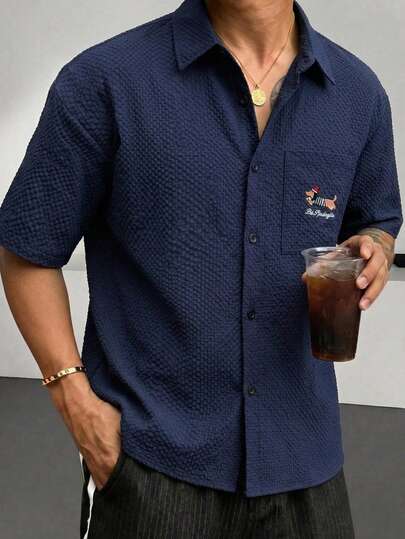 1pc Blueprint Man Men's Shirt, Navy Blue Bubble Chiffon Embroidered Dog Short Sleeve Shirt, Breathable Textured Fabric, Soft, Lightweight, Minimalist Casual Vintage Style Top, Suitable For Daily Wear, Vacation, Commute
