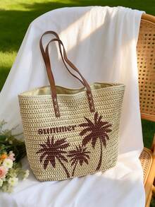 Summer Straw Tote Bag, Coconut Tree Pattern Women's Shoulder Handbag, Zipper Closure, Suitable For Beach & Holiday - Beige - View 5