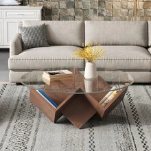 Mesa de Centro Redonda con Tapa de Cristal y Estantes de Almacenamiento con Base Geométrica Abstracta de Estilo Art Déco, Nogal, 35.4" - 1 - Ver 5