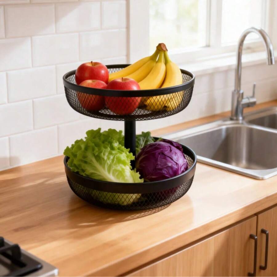 30*31cm Double-Layer Iron Fruit Basket, Large Capacity Storage Basket, Home Tea Table Snack Holder - View 1