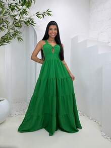Women's Long Dress With Butterfly Knot - 純綠色 - View 3