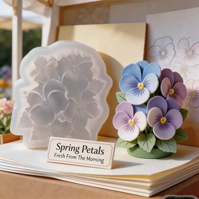 1Pc Pansy Flower Cluster Easy Release Silicone Candle Mold, Botanical Layered Petal And Leaf Relief DIY Wax Soap Resin Casting Mold For Spring Decor And Handmade Gifts