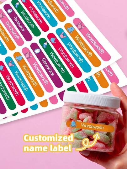 1-240pcs Custom Name Labels, Personalized Text Stickers, Cartoon Animal Stickers, Waterproof Oilproof Function, Available In Multiple Sizess, Suitable For Lunch Boxes, Sports Water Bottle, Gym Bags, Dorm Storage, Sports Equipment, School Supplies, Perfect For Home, Office, Dorm, Summer Camp, Durable, Colorful, Cute, High-Quality Stickers, Ideal Gift For Family, Friends, Sons, Daughters, Colleague,Great For Sports Competitions, Back To School Season, Start Of Semester.