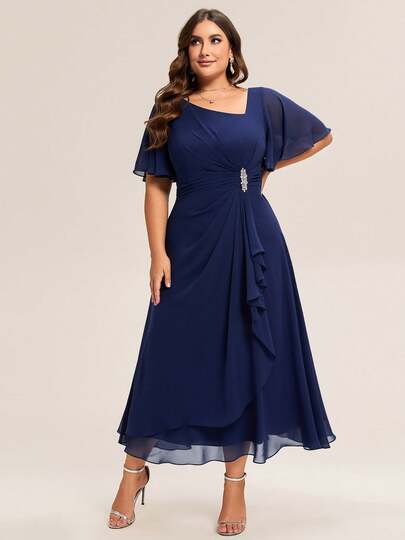 EVERPRETTY Plus Size Summer Elegant Chiffon Navy Blue Bridesmaid Dress Diamond Bead Embellishments Wedding Guest Dress Soft Ruffled Irregular Ruffled Dress Suitable For Wedding Formal Dinners Occasions
