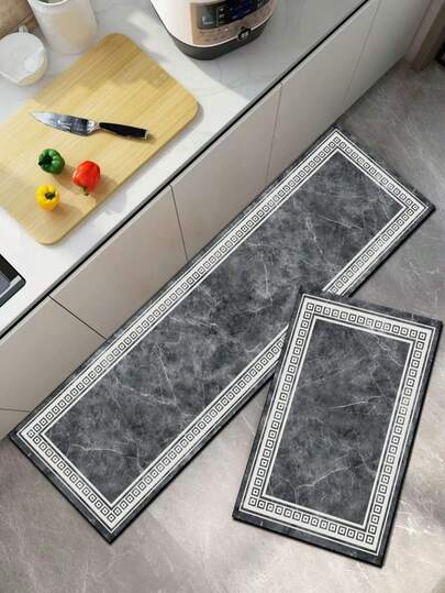1pc Silica Gel Kitchen Mat, Deep Gray Marble Texture Center Base With Natural White Cracks, Double White Borders With Classic Greek Key Geometric Pattern, Luxurious Modern Style, Cushioned Anti-Fatigue Kitchen Carpet With Fabric Surface, Sponge Absorbent Middle Layer, And Non-Slip Rubber Bottom