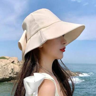 Women's Bow Bucket Hat, Spring/Summer Outdoor Sun-Shading Hat, Double-Sided Solid Color Foldable Sun Protection Hat, Suitable For Daily Outfit, Commuting And Travel