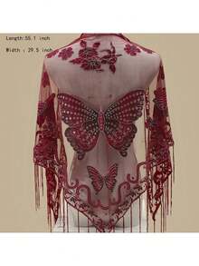 29.5inch * 55.1inch Triangle Scarf, Butterfly Flower Embroidered Lace Tassel Shawl, Elegant Breathable Windproof Outdoor Accessories - 黑色 - 查看 6