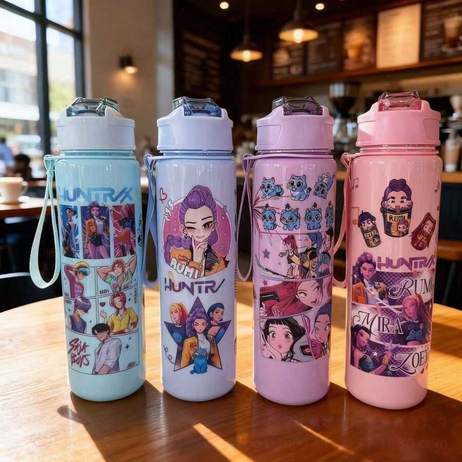Kpop恶魔猎人女团卡通可爱图案手持吸管杯，学生健身便携水瓶 - 彩色 - 查看 1