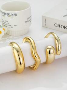 3件套新款时尚金色金属质感夸张手镯套装，CCB材质，不褪色，适合日常佩戴 - 金色 - 查看 3