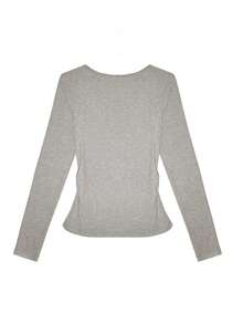 Lace Patchwork Long Sleeve T-Shirt, Sweet Undershirt - Grey - View 2
