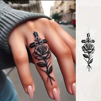 Temporary Tattoo Stickers, Designed With Realistic Roses And Cross Plants, Waterproof Semi Permanent Fake Tattoos That Can Last For 1-2 Weeks, Suitable For Valentine's Day, Weddings, Parties, And Events