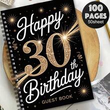 1pc Fashion Birthday Party Spiral Guest Book - Charming Design, Suitable For Special Occasions, 30th Birthday Celebration Guest Registry, Decorated With Golden Glitter Stars And Shiny Accents - A5 - View 4