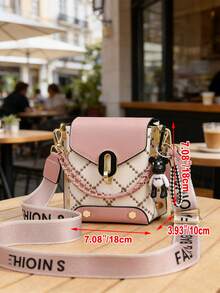 PLANEE Women's Crossbody Bag With Wide Letter Strap – Pink & Plaid Mini Shoulder Purse With Bear Charm, Chain & Fabric Dual Strap, Fashionable Small Handbag For Daily Use - Pink - View 3