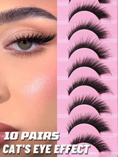 Ayrmilla 10对新款狐狸/猫眼假睫毛，打造迷人妆容，自然卷翘纤长，性感美睫，提升魅力，自然精致，交叉蓬松，睫毛末端卷翘，适合日常佩戴和通勤。