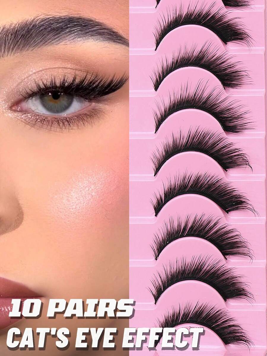 Ayrmilla 10 Pairs New Fox/Cat Eye False Eyelashes, Create Charming Makeup, Natural Curly & Lengthening, Sexy Lashes, Enhance Charm, Natural & Delicate, Criss-Cross Fluffy, Curled Ends, Suitable For Daily Wear & Commuting - Black - View 1