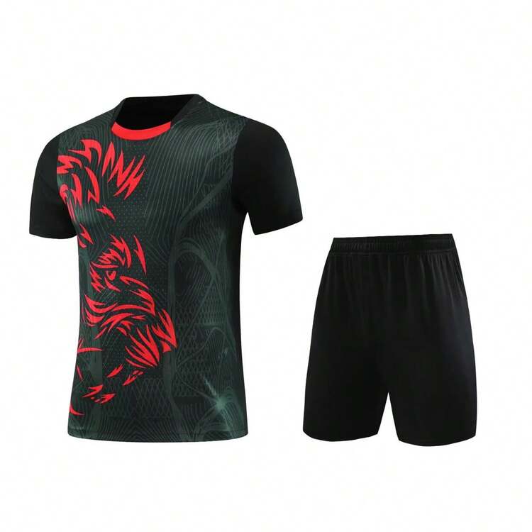 2pcs Personalized Soccer Jersey Set - Customized Name, Number & Team Logo Printed Short Sleeve T-Shirt + Shorts Sports Set, Gift, Suitable For Sports/Climbing Spring/Summer - Black - View 3