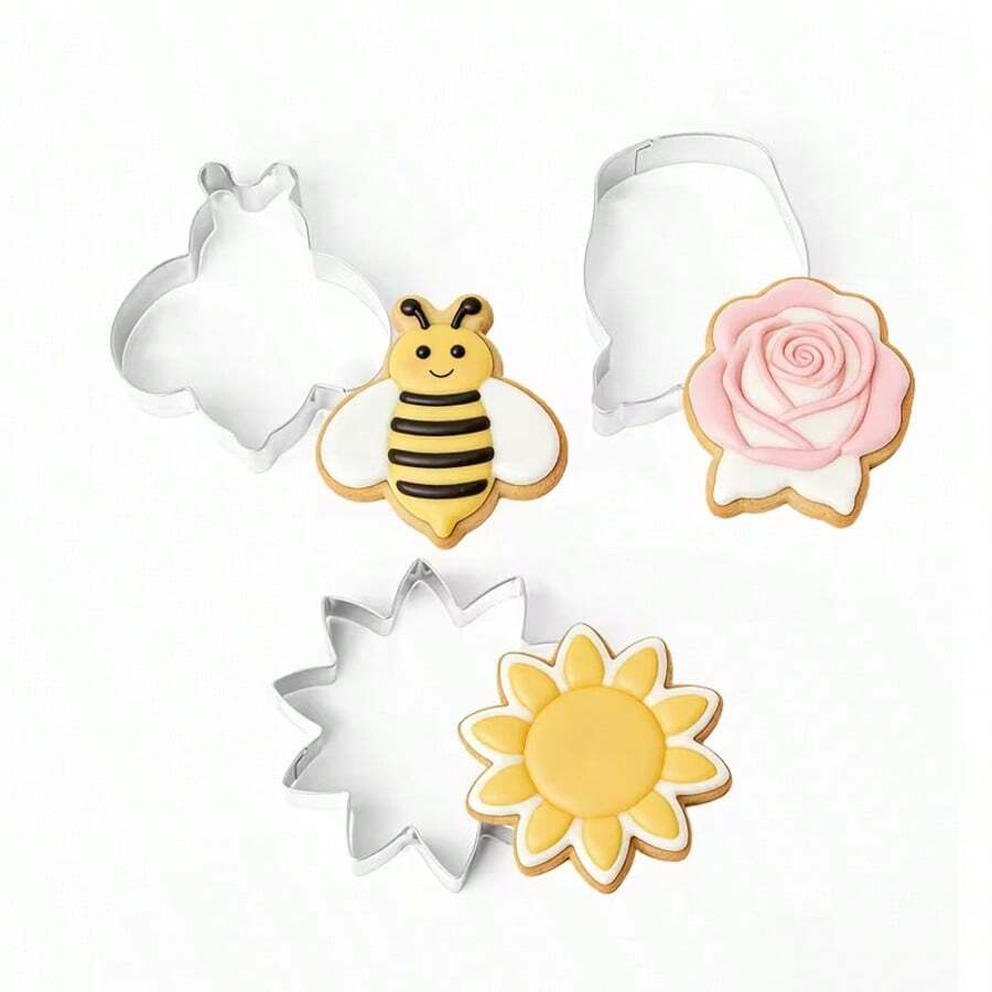 3件套不锈钢饼干模具，蜜蜂、花朵、郁金香、蜻蜓、蝴蝶形状烘焙工具 - 查看 1