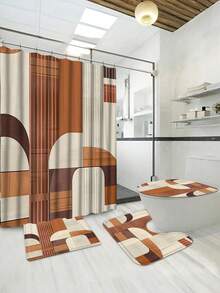 Bohemian Geometric Shower Curtain Set: 71" X 71" Polyester Curtain With 12 Hooks, Brown, White, And Beige Bath Mat, U-Shaped Toilet Mat, And Lid Cover - Machine Washable, Waterproof, And Seasonal - A - View 13
