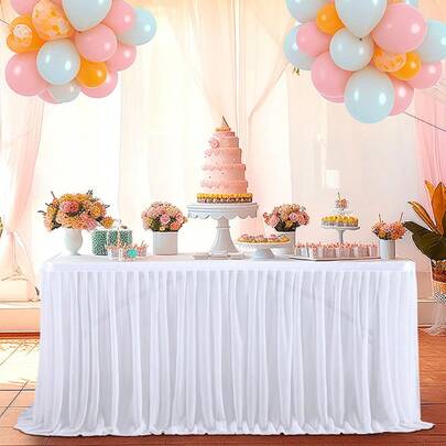 1pc Rectangular White Sheer Table Skirt, Luxury Wedding Dessert Table Decor, Chiffon Tulle Fabric For Bridal Shower, Birthday Party, Engagement, Baby Shower, Stage Backdrop