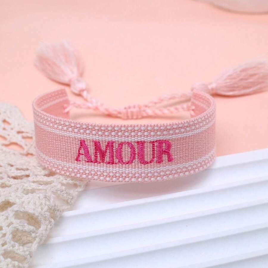 1pc Handmade Embroidered French "AMOUR" Creative Braided Vintage Style Bracelet, Suitable For Couples, Holiday Gift, Blessing Cord - Baby Pink - View 1