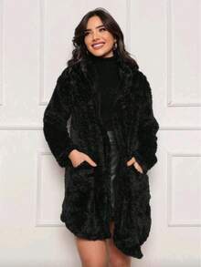 Women's Teddy Plush Maxi Coat With Hood, Winter Style. - 黑色 - 查看 2
