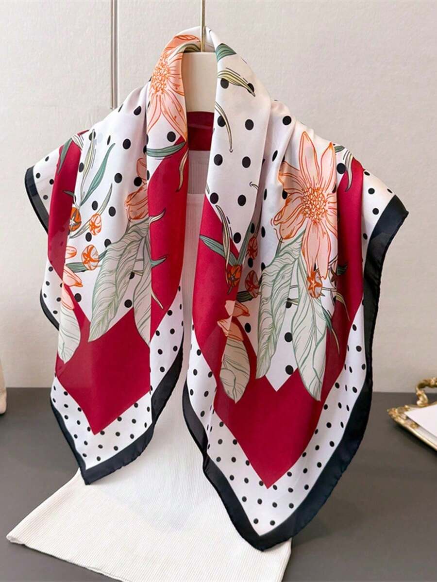 1条女士奢华优雅时尚波点印花70*70厘米100%真丝方巾，春季发带发圈配饰 - 黑紅 - 查看 1