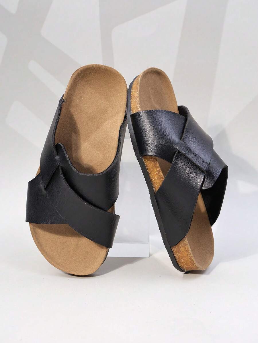 1 Pair Girls' Breathable Cross-Band Faux Leather Flat Slide Sandals - Perfect For Beach, Pool, And Everyday Summer Use - Black - View 1
