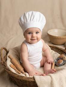 Newborn Photography Props Chef Hat With Scarf, Baby Photography Costume Chef Apron Hat Set, Striped Chef Hat Outfit, Baby Party Gift - Multicolor - View 3