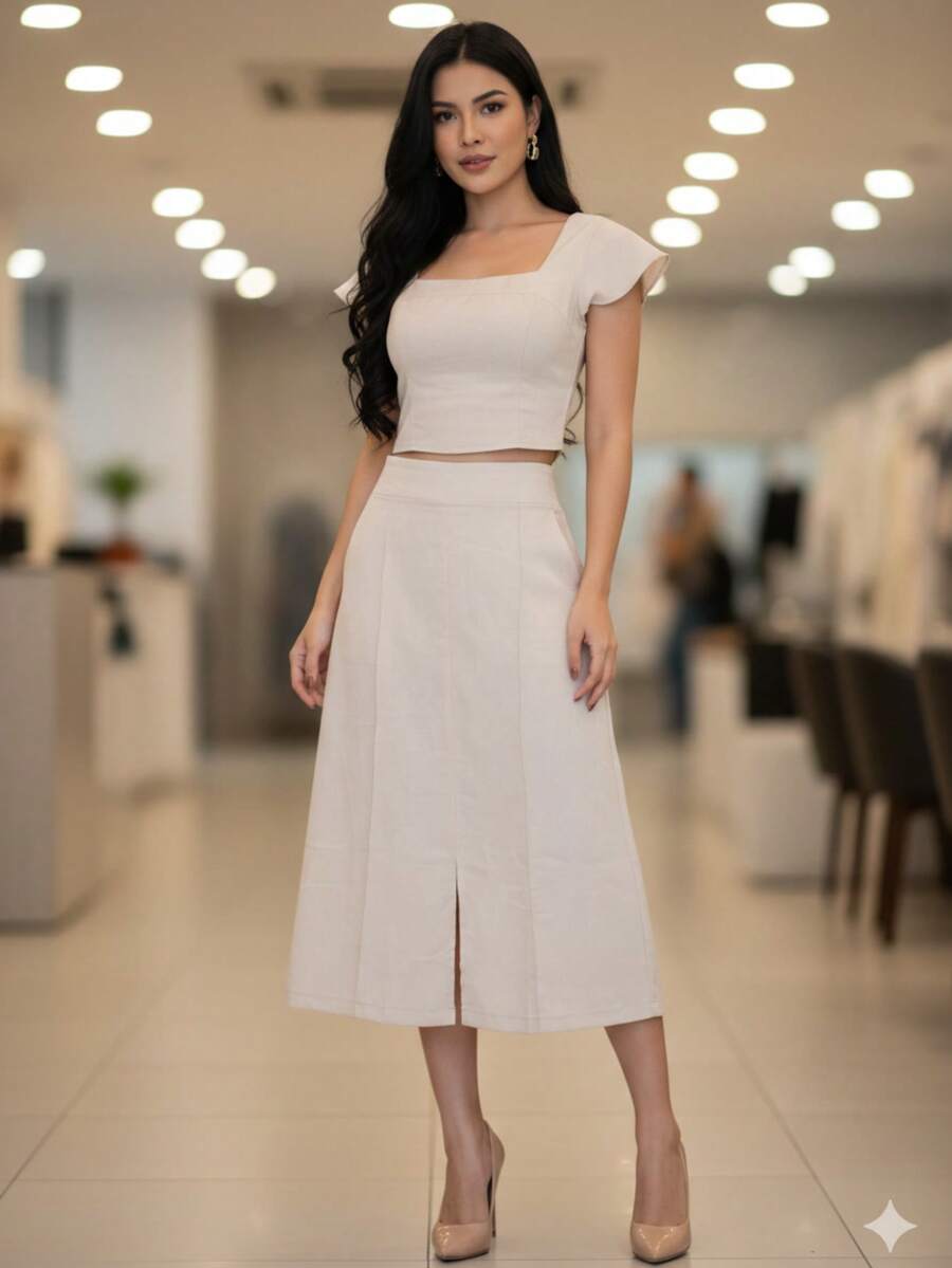 Women's Tailored Set: Cropped Top With Ruffled Sleeves, Midi Skirt With Front Slit, High Waist. Elegant Women's Fashion Set ✨ Casual, Vacation, Beach - 淺褐色的 - 查看 1