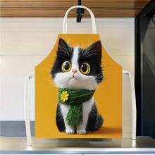 1 Stück Schwarz-Weiße Katze mit grünem Schal + Schürze, geeignet für Küche, Wohnzimmer, Esszimmer, Hotel, Outdoor-Grillen und andere Szenarien, hergestellt aus 100% Polyester, leicht, maschinenwaschbar - Verschiedenfarbig - Übersicht 5