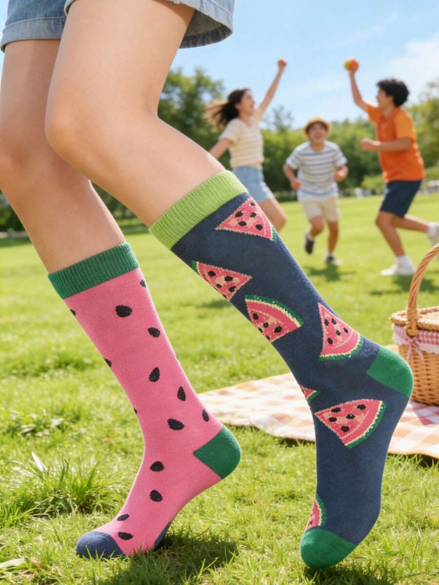 1/2/3 Đôi tất unisex in hình vịt uyên ương và dưa hấu, kiểu dáng Hàn Quốc, dài đến bắp chân, thích hợp mặc hàng ngày. - Nhiều màu - Xem 1