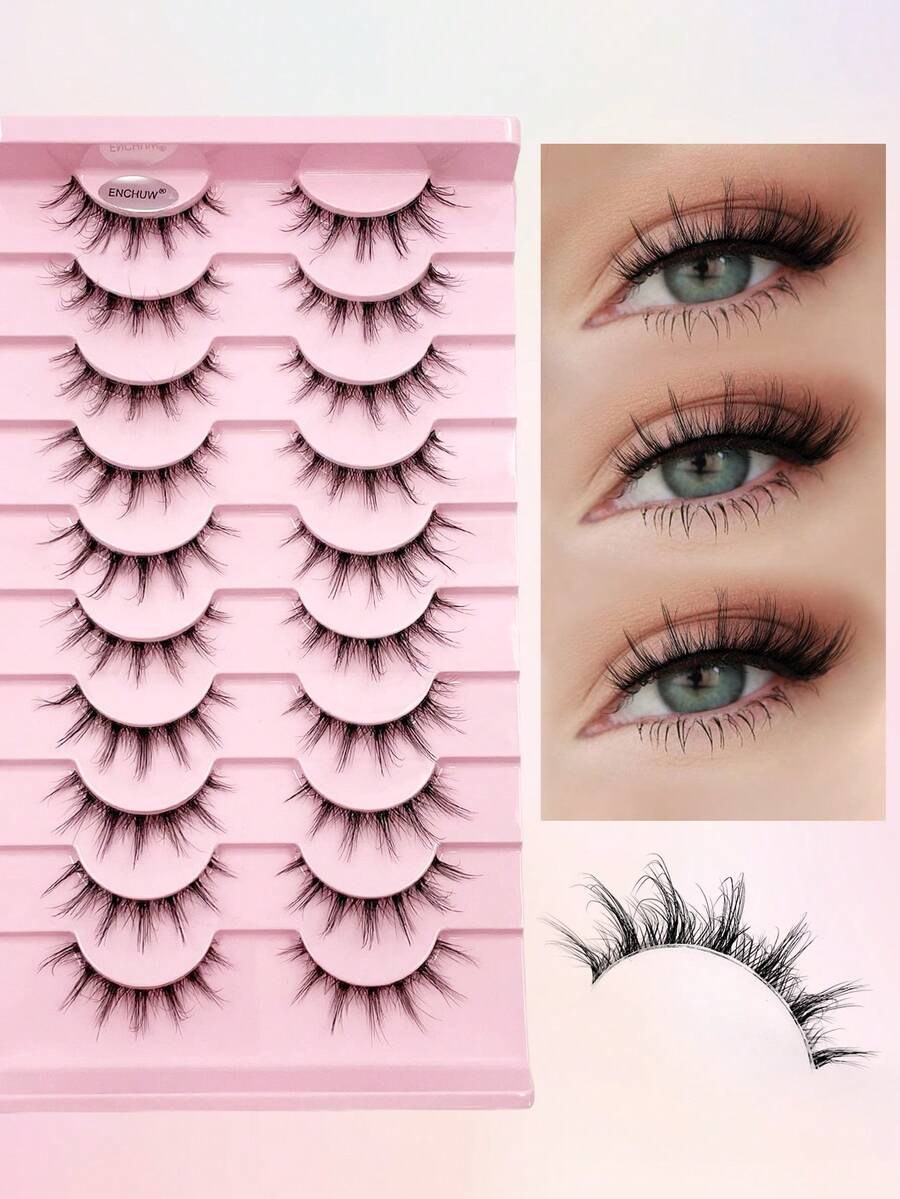 ENCHUW 10 Pairs Lashes With Clear Band Natural Look Faux Mink Eyelashes Extension Fluffy Soft Eyelashes Extension Makeup For Daily Wear - Black - View 1