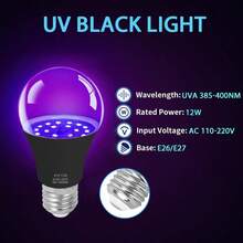 12W UV黑光灯泡 A19 E26/E27，385-400NM，AC85-265V，夜光黑光灯泡，适用于万圣节派对装饰、荧光艺术、人体彩绘、酒吧等（1/2个） - 紫色 - 查看 6