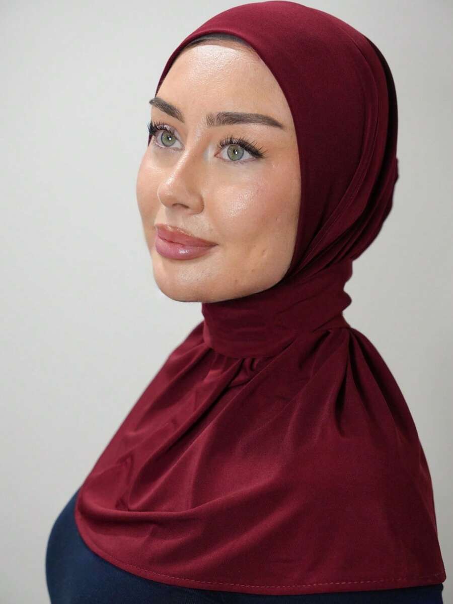 قطعة واحدة من الحجاب الجيرسيه الفوري للنساء، لون أحادي كلاسيكي متعدد الاستخدامات، قبعة حجاب كاجوال على طراز عربي، مناسب للحماية اليومية من الشمس وحجب الأشعة فوق البنفسجية - عنابي اللون - مشاهدة 1