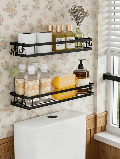 2pcs No-Drill Adhesive Wall-Mounted Office Shelf Is A Black Desktop Organizer Perfect For Storing Office Supplies. Ideal For Home Offices, Bathroom Shower Shelves, And Kitchen Spice Racks. Easy To Install, Rust-Resistant, Durable, And Excellent Value.