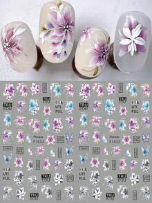 3D蕾丝花瓣美甲贴纸2片装，渐变蓝紫粉灰，手绘五瓣花蝴蝶几何字母设计，DIY Y2K优雅浪漫时尚春夏花卉印花自粘凝胶指甲油美甲贴片滑动式美甲装饰 - 彩色 - 查看 8