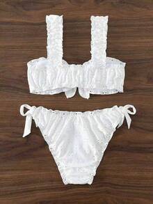 Bộ bikini mùa hè ngọt ngào với áo yếm xếp nếp và bikini tam giác buộc dây bên hông, kiểu dáng dự tiệc bãi biển, màu trắng. - trắng - Xem 2