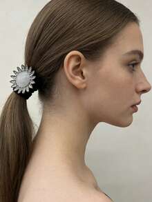 1pc Elegant Rhinestone Cat Eye Stone Flower Hair Scrunchie, Sunflower Design, High Elasticity Ponytail Holder For Daily Use - Multicolor - View 1