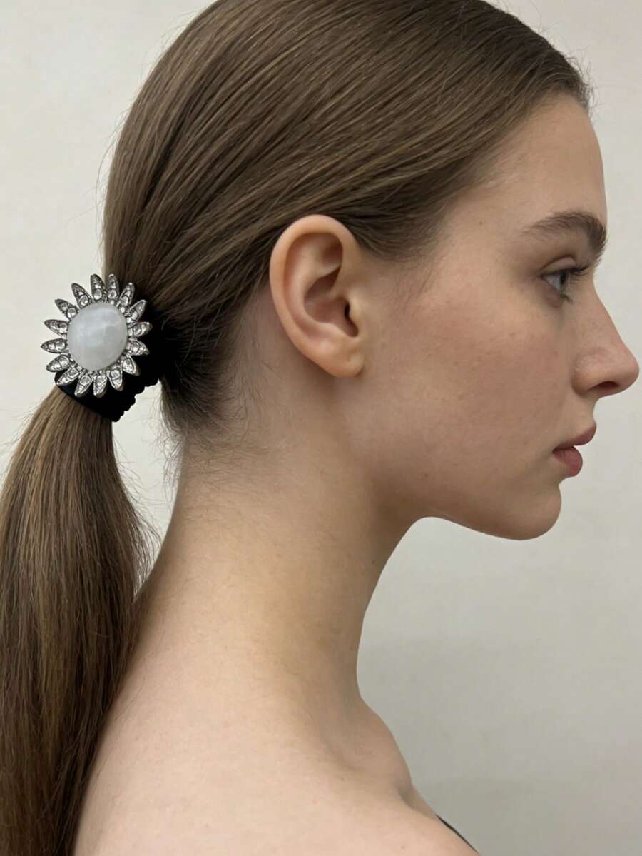 1pc Elegant Rhinestone Cat Eye Stone Flower Hair Scrunchie, Sunflower Design, High Elasticity Ponytail Holder For Daily Use - Multicolor - View 1