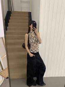 女士吊带背心，夏季新款露背优雅设计无袖吊带上衣 - 杏色格紋 - 查看 9