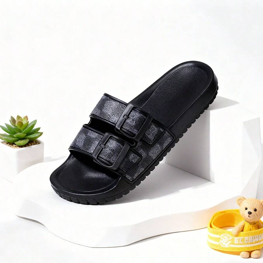 Men's Flat Sandals, New Thick-Sole Double-Buckle Sandals, Fashionable Outdoor Non-Slip Beach Shoes, Retro Pattern Quick-Dry Sandals, Summer - Black - View 1