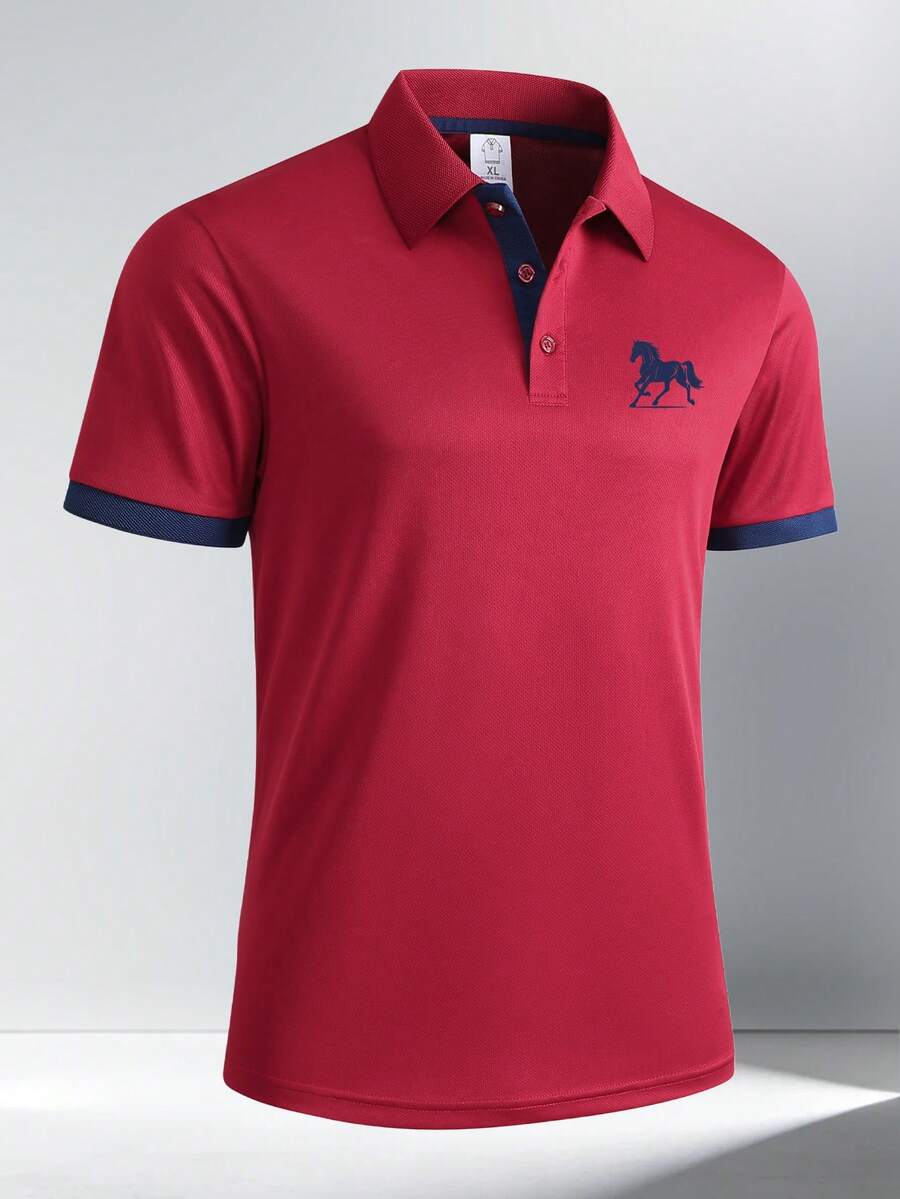 1PC Men's Summer Contrast Collar Horse Print Polo Shirt - Ice Silk Quick-Dry Breathable Business Casual Tops For Commute - Burgundy - View 1
