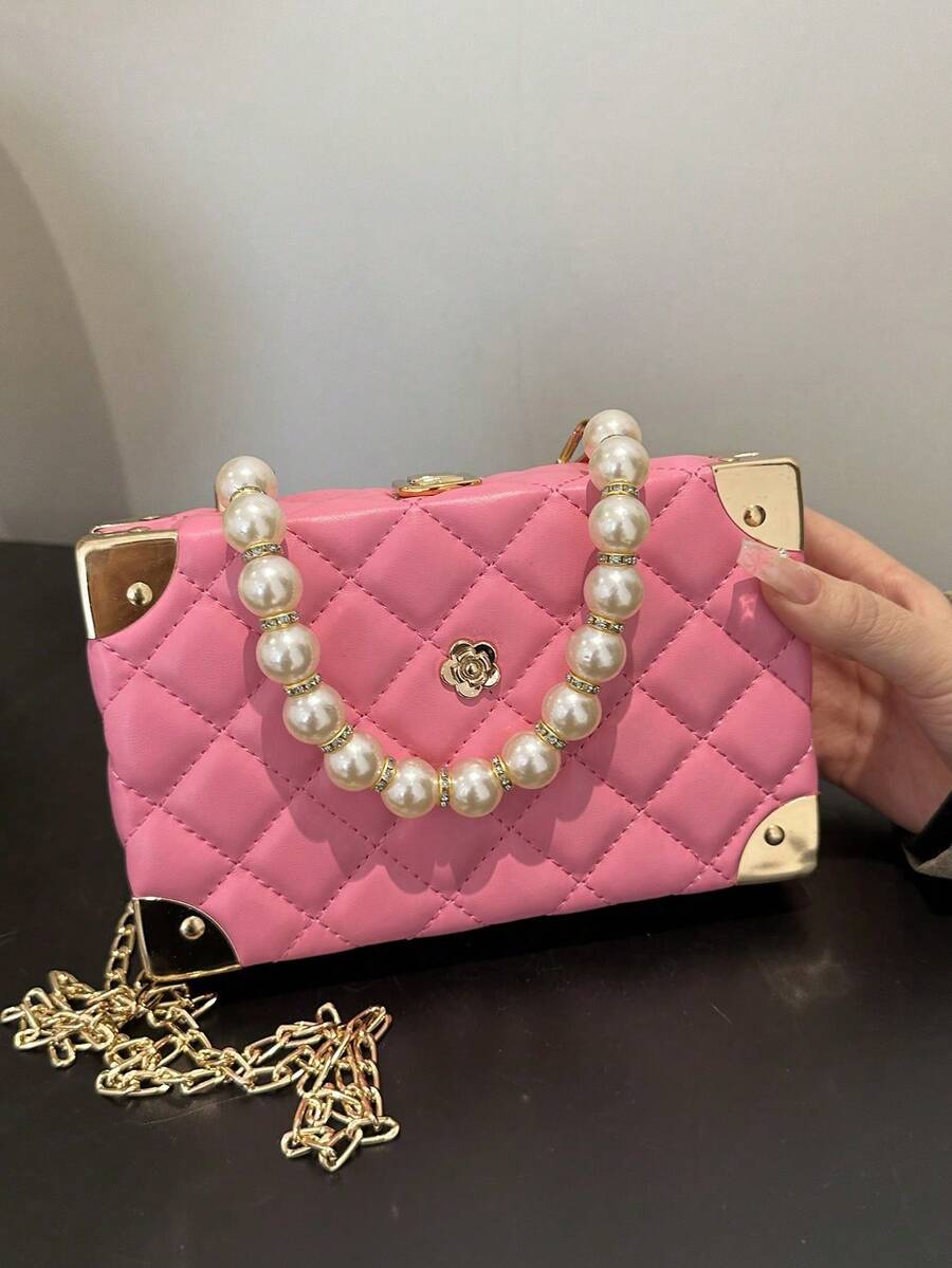 1 件女士纯色小方包，菱格纹绗缝手拿包，水钻珍珠手提包，锁扣盒手拿包，金属链条单肩包，刺绣格子小包，时尚情人节礼物，婚礼包 - 玫紅色 - 查看 1