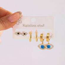 6pcs Stainless Steel Rhinestone Devil's Eye Earring Set, Suitable For Women's Daily, Travel, Party Wear - Multicolor - View 1